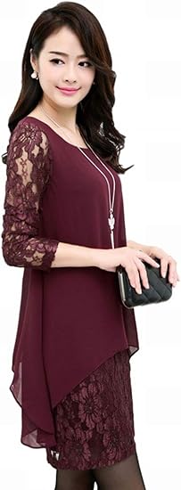 Amazon Co Jp G Raphy ワンピース レディース レース シフォン パープル ブラック チュニック 長袖 カジュアル M パープル 服 ファッション小物