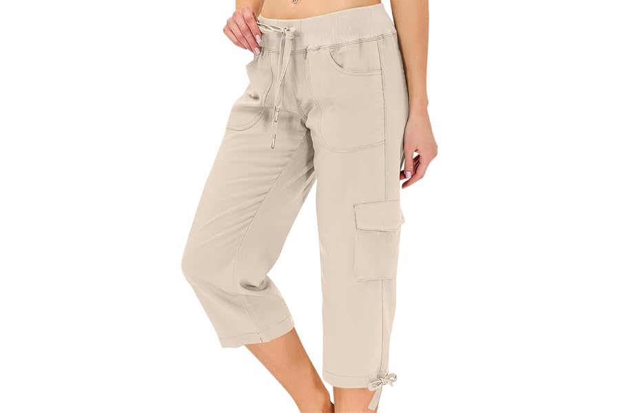 Women's Outdoor Quick Dry Cargo Capri Pants Summer Elastic High Waist Drawstring Cropped Jogger Capris Pockets