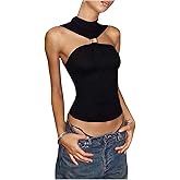 GORGLITTER Women's Sleeveless Mock Neck Tops Metal Twist Front Cut Out Halter Date Night Club Tank Top