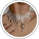 Andelaisi Gothic Lace Choker Necklace White Lace Tassel Collar Necklace Vintage Gem Pendant Necklace White Water Drop Gemstone Chain Necklace Jewelry for Women