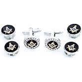 MRCUFF Freemason Masonic Mason Crystal Silver Tone Cufflinks and Studs Tuxedo Set in a Presentation Gift Box &amp; Polishing Cloth