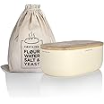 LARS NYSØM Bread Box I Metal Box with linen bag for long lasting freshness I Bread Bin with bamboo lid usable as cutting board I 14.2x7.5x5.1 In (Almond Beige)