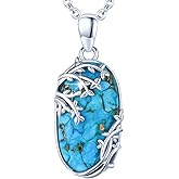 AOVEAO Oval Turquoise Life Of tree Necklace for Women S925 Sterling Silver Family Tree Necklace Lucky Turquoise Jewelry
