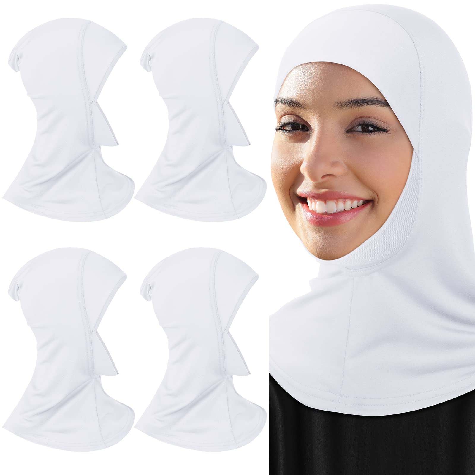 Photo 1 of Geyoga 4 Pieces Modal Hijab Cap Adjustable Muslim Stretchy Turban Full Cover Shawl Cap Full Neck Coverage for Lady (White)