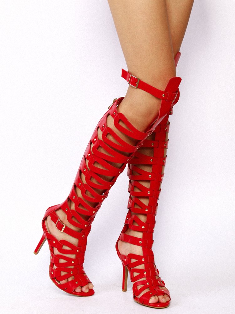 Women's Strappy Over The Knee High Heel Stiletto Gladiator Sandals Red US 8 - Image 3