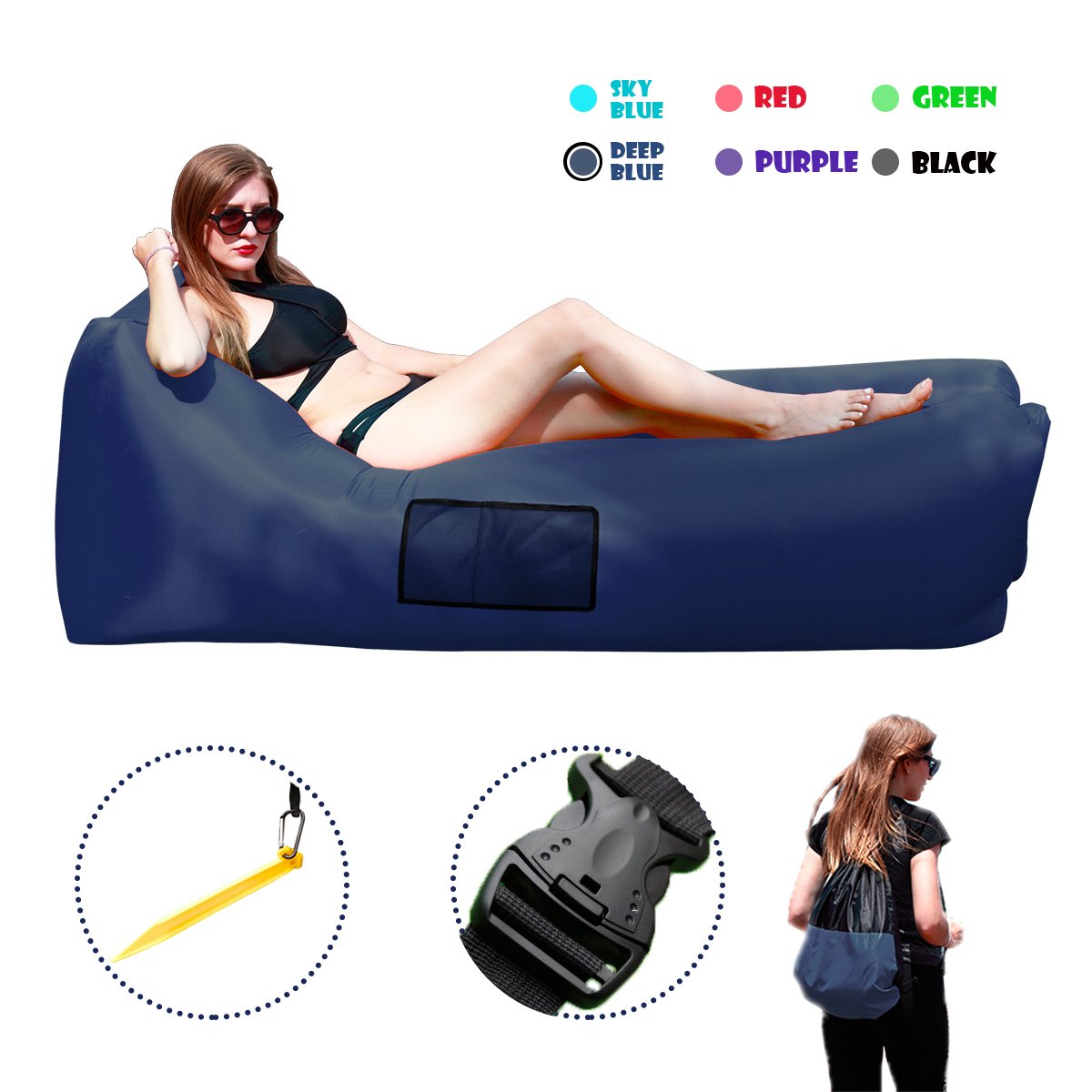 Inflatable Lounger Couch, Air Sofa Bed Chair with Cozy Ergonomic Angle and Fast Inflatable Design, Load-Bearing 500 LBS (Deep Blue)