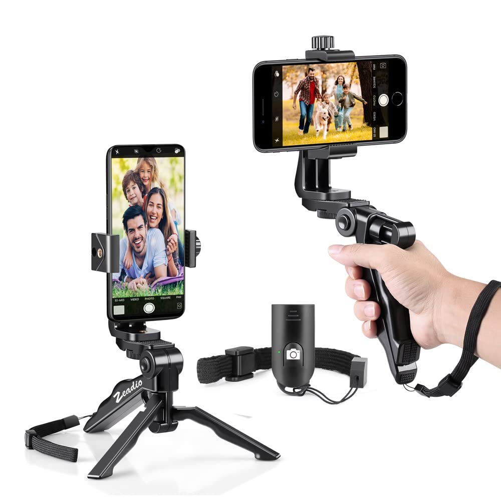 Zeadio Wireless Mini Smartphone Tripod Grip Stabilizer, Desktop Tabletop Stand Tripod with Phone Holder and Wireless Remote for all Smartphones