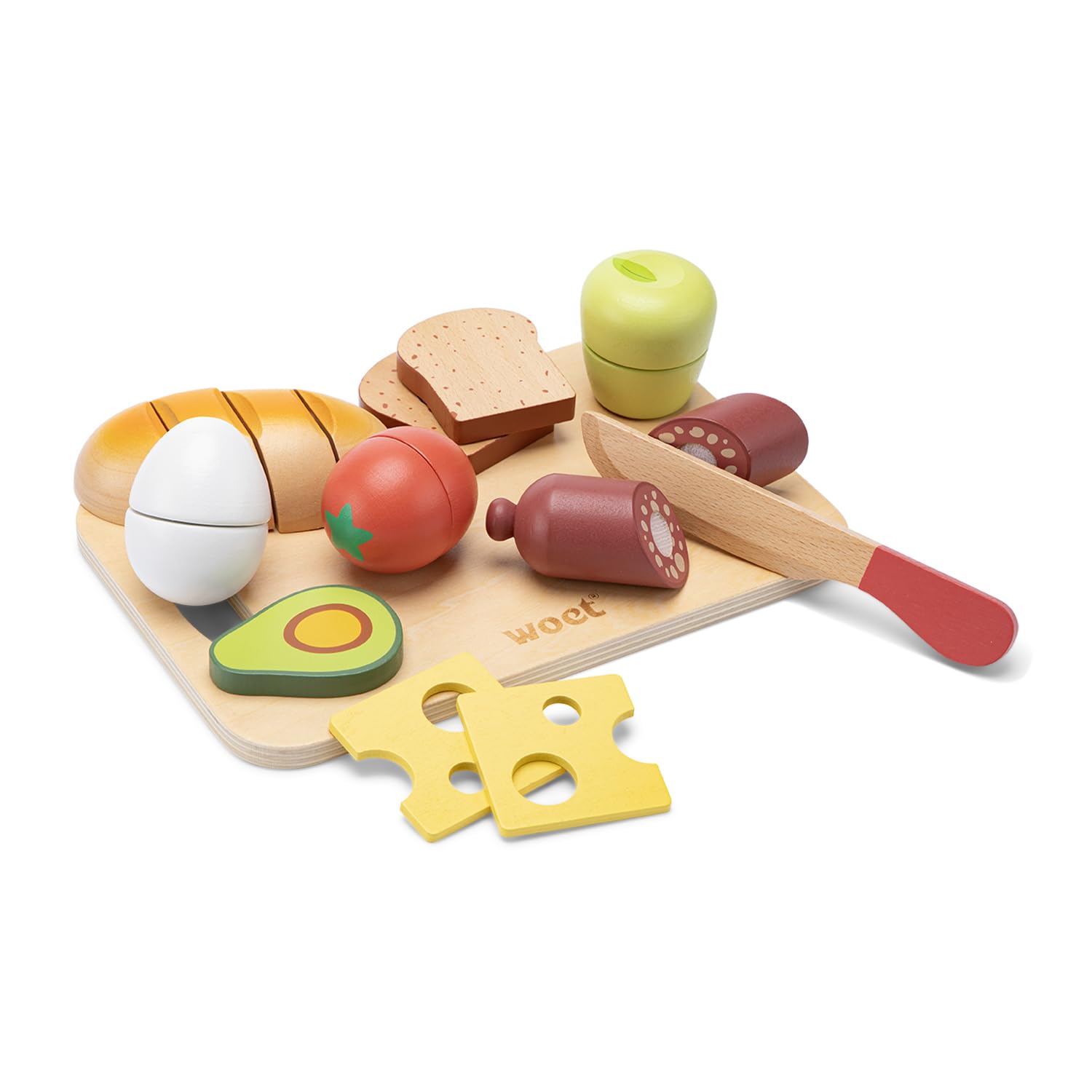 Woet® Wooden Cutting Breakfast Set, Sliceable Play Food with Knife and Board, Pretend Kitchen Accessories for Kids, Role Play Cooking Activity, Preschool Gift, Age 2 Years + — image 1