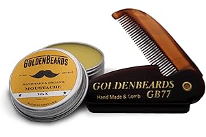 GOLDEN BEARDS KOBENHAVN BALM GROOMING OIL Golden Beards Mustache Wax with GB-77 Folding Comb – Organic & Natural Styling Wax for Men – Strong Hold, Vegan, Cruelty-Free Grooming Kit