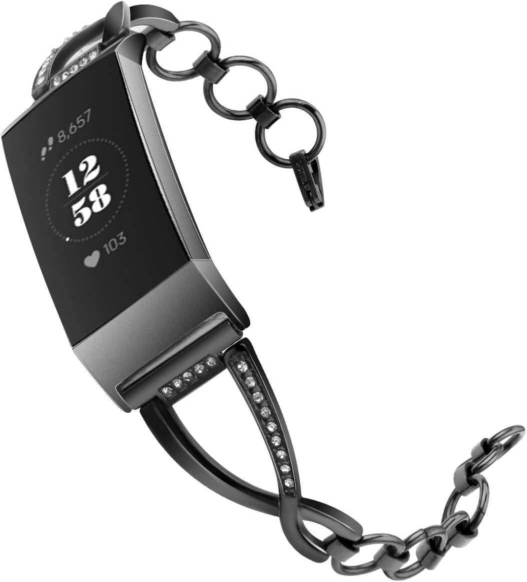 Fitbit Charge 3 Strap Replacement,Premium X-Shape Stainless Steel Metal Watch Band with Rhinestones Adjustable Wristbands Strap Compatible for Fitbit Charge 3/Charge 3 SE Fitness Activity Tracker
