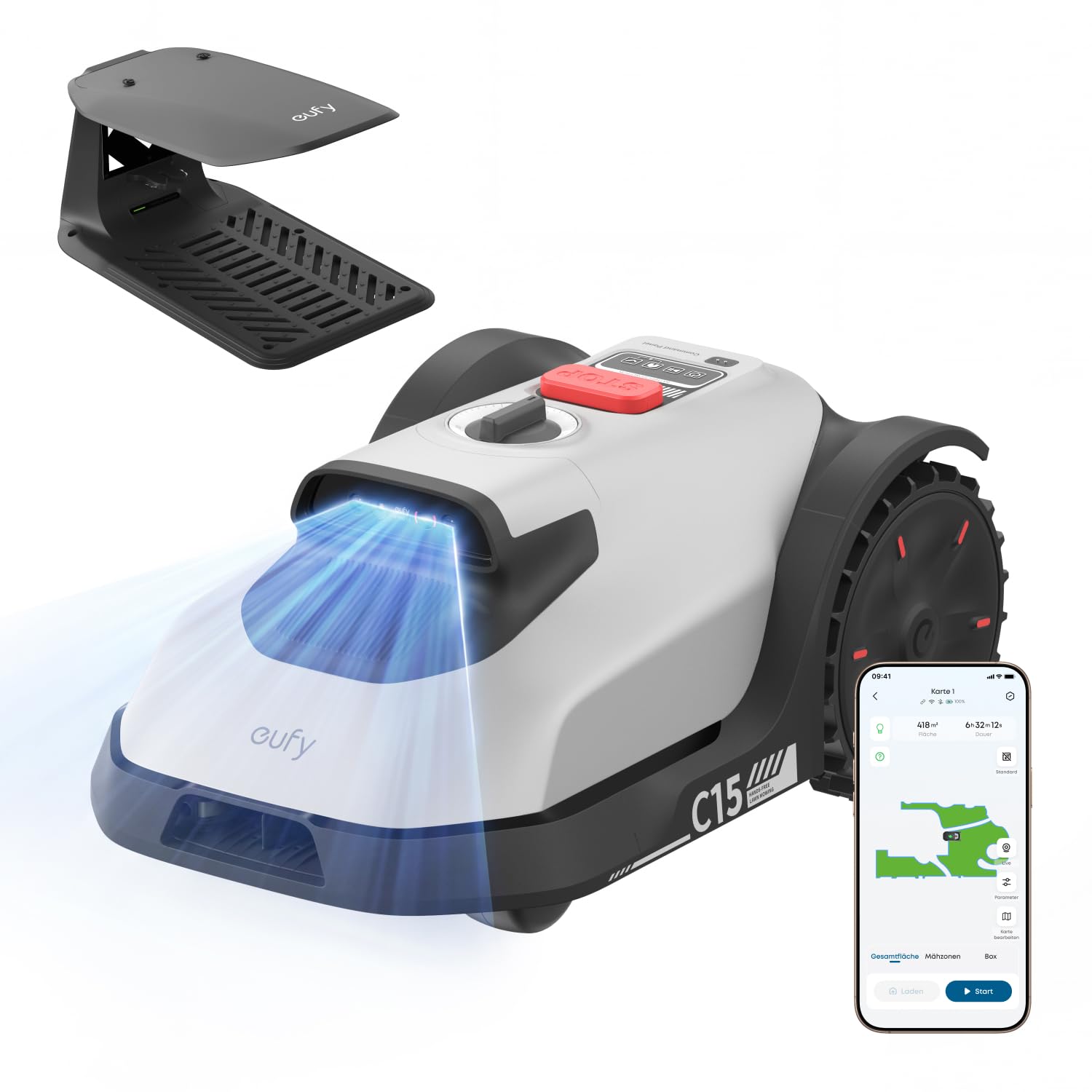 eufy C15 Mähroboter ohne Begrenzungskabel mit Garage, bis 500m², TrueVision, ohne RTK, Keine Signalprobleme, Auto-Kartierung, sicher für Igel, intelligente Navigation, präzises Randmähen