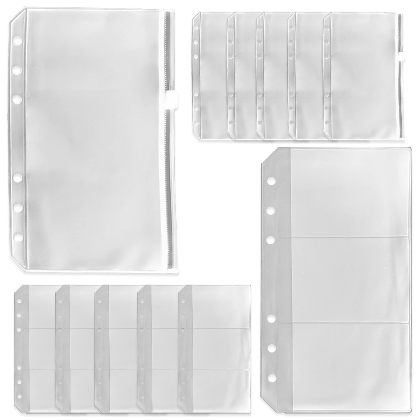 12PCS A6 Size Binder Pockets, Zipper Binder Pocket, 3-Pockets Storing Bag, Two Types, Clear 6-Hole Binder Zipper Folders, Waterproof PVC Zipper Loose Leaf Bags for Home Office School Supplies