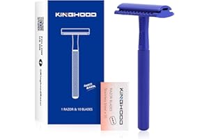 Kinghood Double Edge Safety Razor, Single Blade Razors with 10 Stainless Steel Blades, Reusable Metal Shaving Razor for Women and Men - Dark Blue