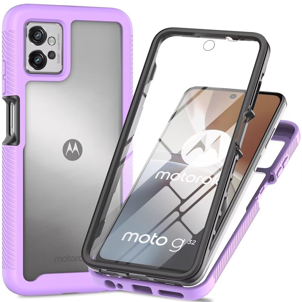 Dfjhure for Motorola Moto G32 Case Built-in Screen Protector Full Body Shockproof Protection Cover tylish Bumper Transparent Back Phone Case Cover for Motorola Moto G32- Purple โ image 1