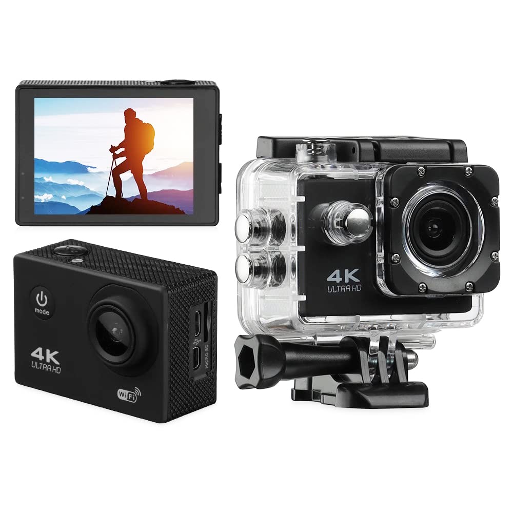 SUCCEASY Action Camera, 4K 12MP 30M Underwater Waterproof Sports Camera, 170 Degree Wide Angle Helmet Camera with Waterproof Case and Mounting Accessories Kit