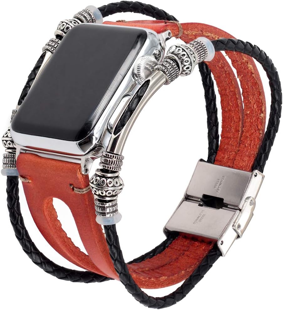 Ezzdo Bands Compatiable for Apple Watch Band 44mm, 42mm Retro Style Genuine Leather Beaded Bracelet Replacement Watch Strap for Men Women Iwatch Series 4/3 / 2/1 All Edition (Brown Rope, 42)