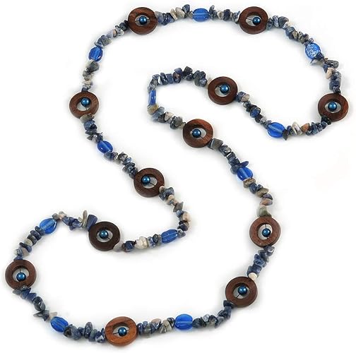 Avalaya Long Blue Semiprecious Stone, Ceramic Bead, Brown Wood Ring Necklace