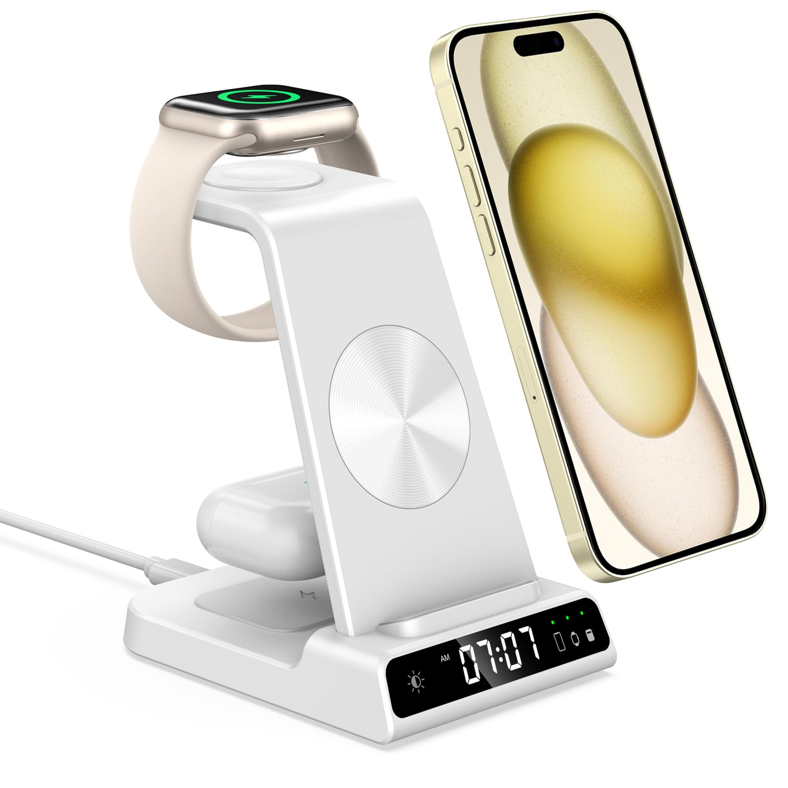 Photo 1 of Wireless Charger for iPhone 16, 3 in 1 Charging Station for Apple Watch Watch 10/9/8/7/6/5, Ultra 2/Ultra, for iPhone 16/15/14/13/12/11/X Series, for Air Pods 4/Pro 2/3/Pro (No Adapter)