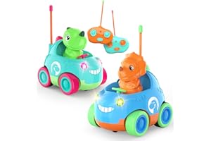 Qumcou Toddler Remote Control Car, Two Cartoon RC Cars for Toddlers, Dinosaur Toys for Kids 3-5, Birthday Gift for Boys & Girls, Car Toys with LED Lights & Music