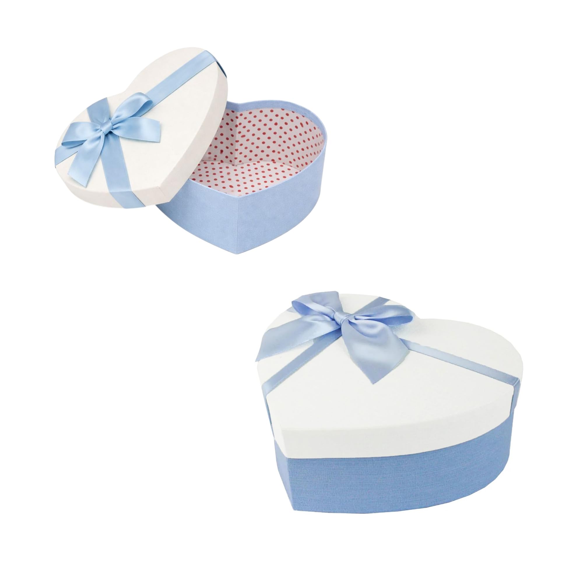 Emartbuy Rigid Heart Shaped Gift Box with Lid Size 2 (19 × 17 × 7.5 cm) – White & Blue Textured Paper, Satin Ribbon Bow for Valentine’s Day, Birthday, Wedding, Jewellery & Keepsake Gifts