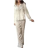SHENHE Women's Satin Pajama Set 2 Piece Tie Front Long Sleeve Top Ruffle Pants Silky Loungewear