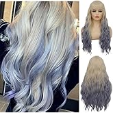 Swiking Blonde Ombre Blue Curly Women Wigs with Bangs Wave Long Blonde Synthetic Hair Halloween Cosplay Daily Natural Full Wig