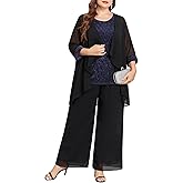 TIARALY Plus Size 3 Piece Formal Pantsuit Mother of The Bride Groom Sets with Chiffon Jacket Sparkly Wedding Cocktail Outfits