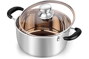 TeamFar 3 Quart Stock Pot, Stainless Steel Stock Pasta Soup Pot with Lid, Tempered Glass Lid & Double Heat-Proof Handles, Non