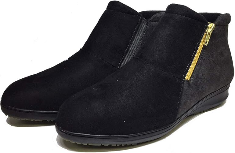 Amazon パンジー ショートブーツ レディース 生活防水 靴 ブーツ ショート丈 ファスナー 幅広 4e あたたかい 合皮 合成皮革 スムース スエード 女性 黒 ブラック 秋 冬 婦人 ブーツ ブーティ