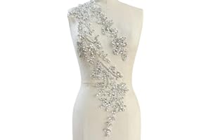 PLune Handmade Shining Acrylic Rhinestones on lace Applique Sewing Beads Stones Trim Patches Accessories for Wedding Dress (Silver Right)