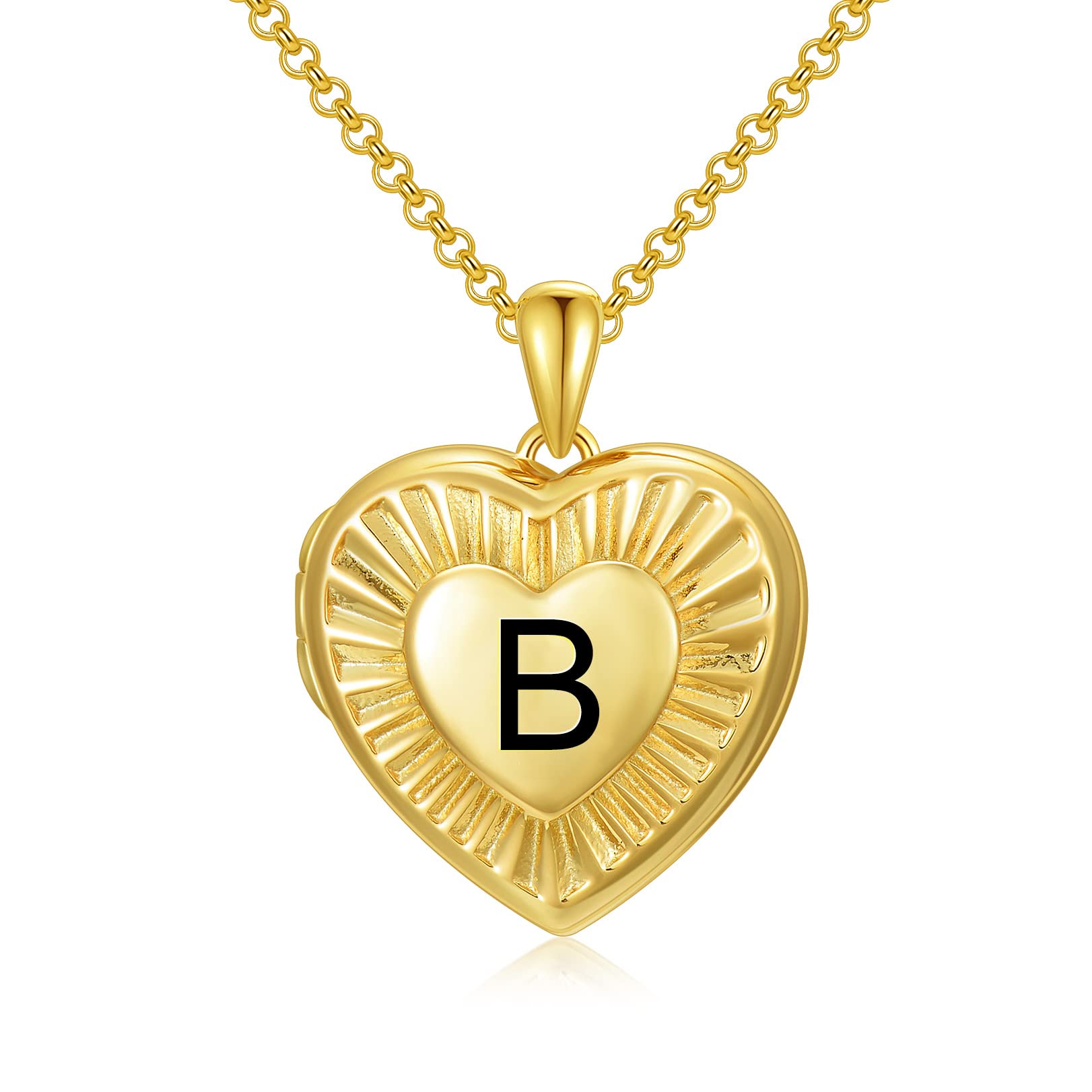 SOULMEET 18ct Gold Plated Silver Radiation Initial Heart Locket Necklace That Holds Pictures Photo Locket Necklace Alphabet B (Locket only)