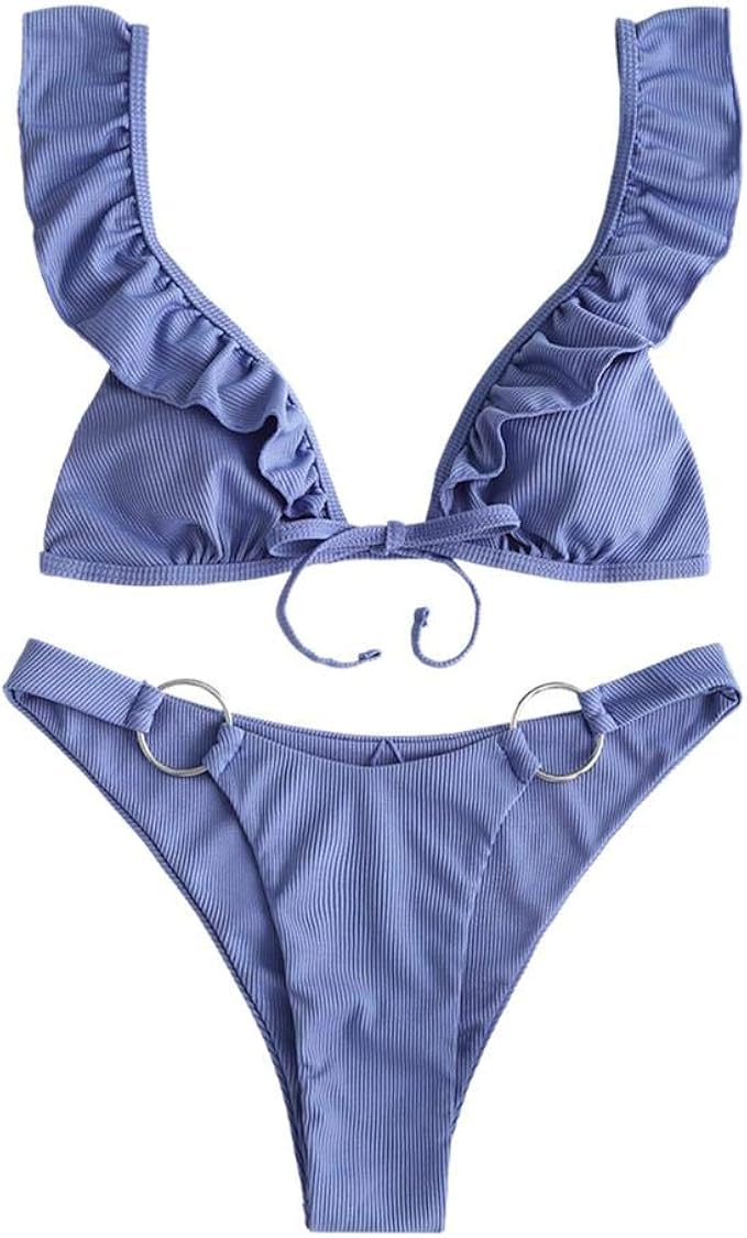 ZAFUL Women Halter Tie Swimsuit High Cut Bikini ORing Ribbed Cutout