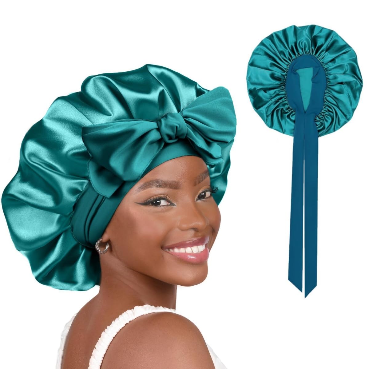 ANGELEMM Silk Hair Bonnet for Sleeping - 1PC Satin Bonnet for Curly Hair, Soft Breathable Satin Sleep 𝙎𝙞𝙡𝙠 𝘽𝙤𝙣𝙣𝙚𝙩 with Tie Band Silk 𝙃𝙖𝙞𝙧 Wrap Caps for Women Sleeping (Green)