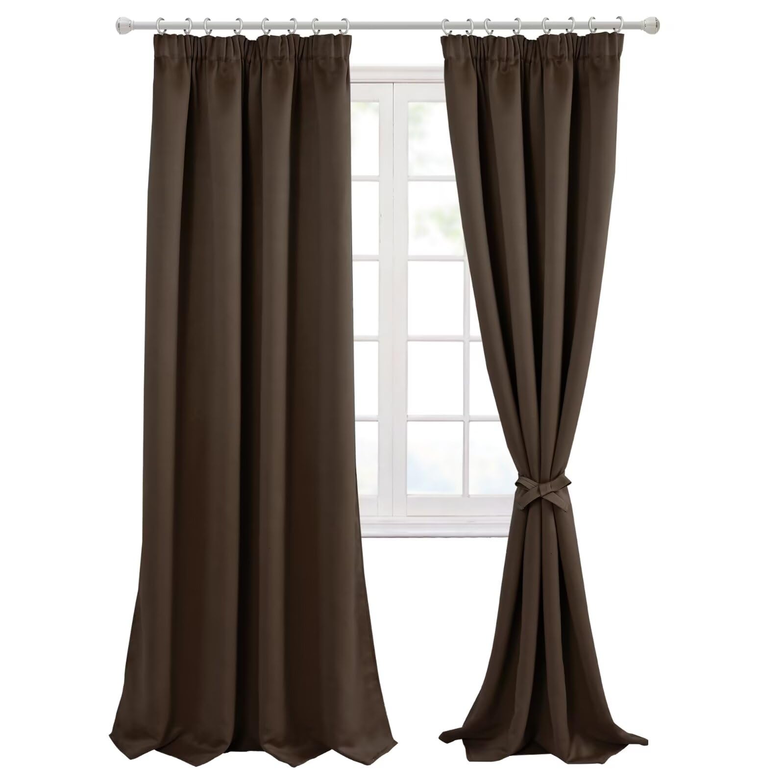 Hiasan Pencil Pleat Blackout Thermal Insulated Curtains, Bedroom and Living Room with Tiebacks, Energy Saving and Noise Reducing, 2 Panels, 66 x 90 Inch, Brown