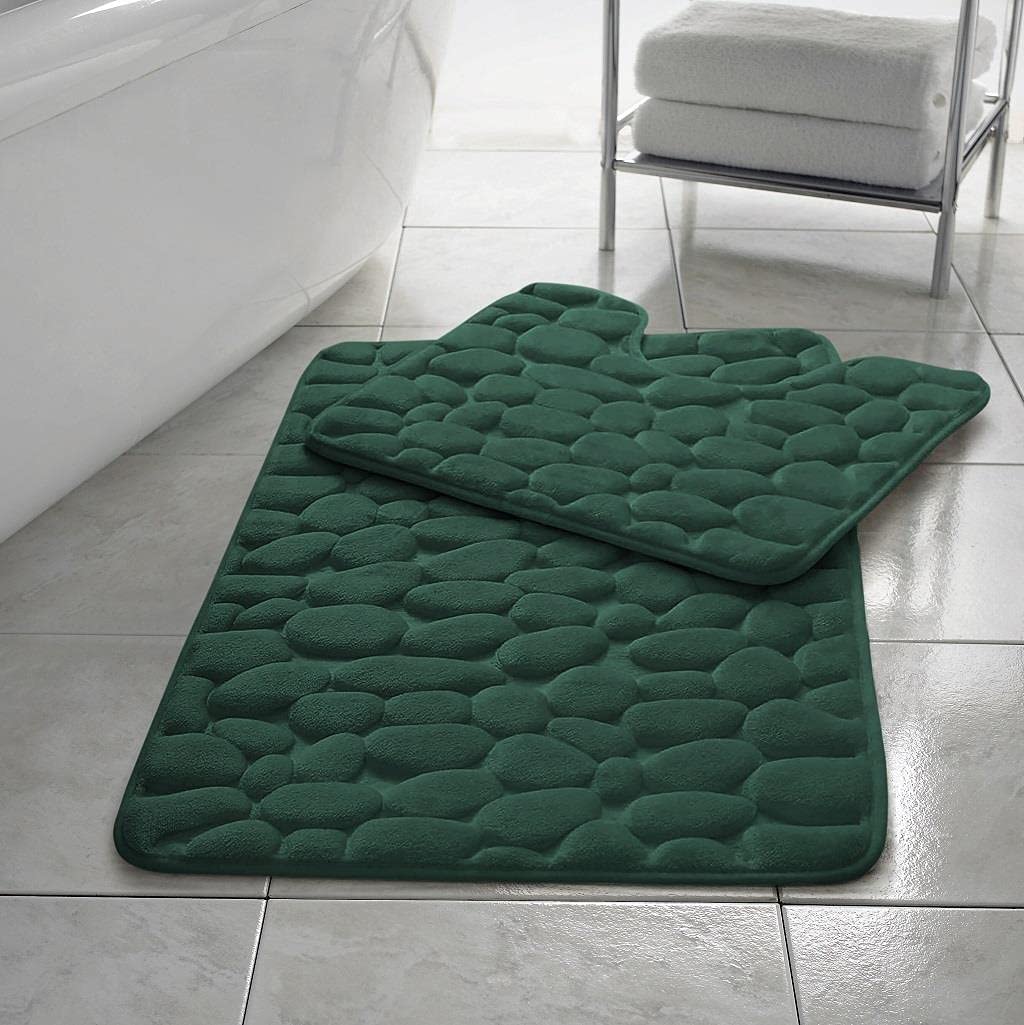 Comfort Collections Memory Foam Pebble Bath Mat Set Pedestal Bathroom Rug 2 Piece Soft Absorbent Non Slip Green Bath Mat (50CM X 80 CM) & Pedestal Mat (50CM X 40 CM) Approximate