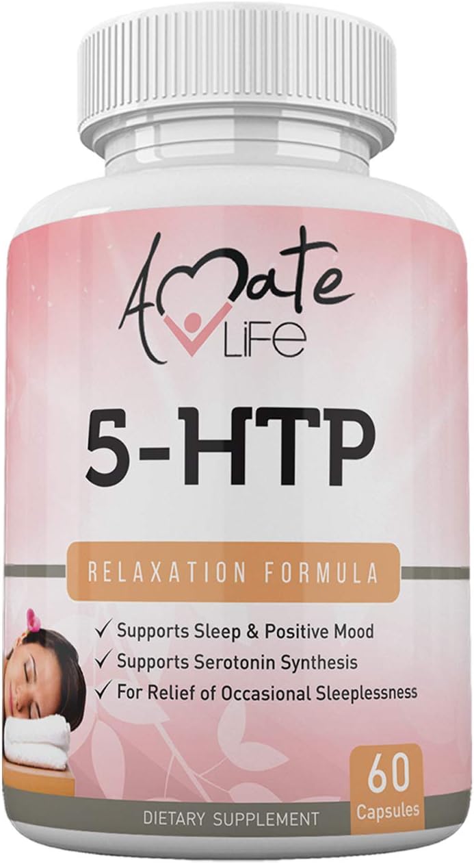 5 HTP 100 mg Anxiety Relief and Mood Boost Enhancer Serotonin Supplements for Positive Mood & Healthy Sleep- Sleep Aid Men & Women 60 Capsules by Amate Life