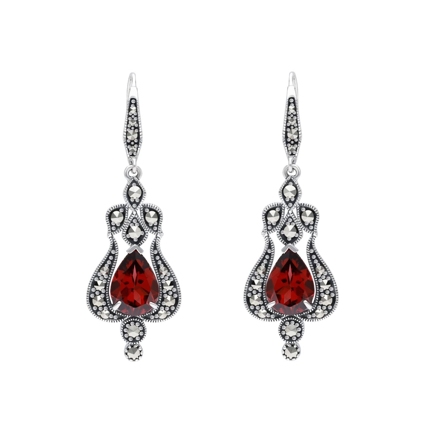 Esse Marcasite Sterling Silver Pear Cut Garnet & Marcasite Art Nouveau Long Drop Leverback Earrings