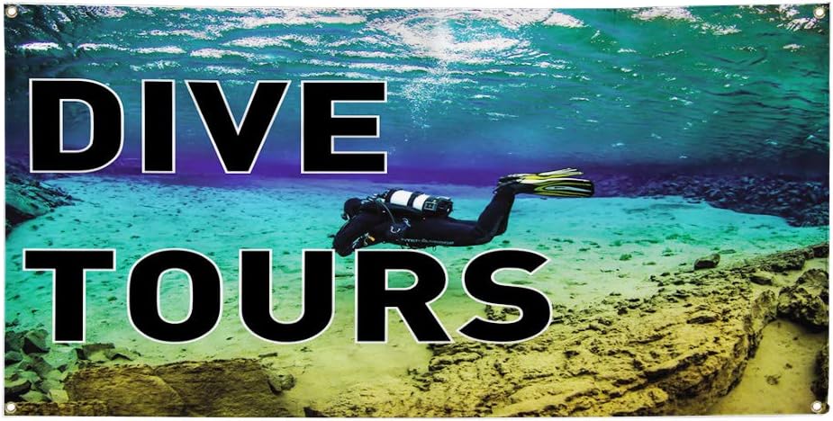 Vinyl Banner Multiple Sizes Dive Tours D Outdoor Advertising Printing Business Outdoor Weatherproof Industrial Yard Signs 4 Grommets 16x40Inches