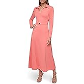 DKNY Womens Long Sleeve Collared Neck Scrunched Buckle Belt Maxi Dress