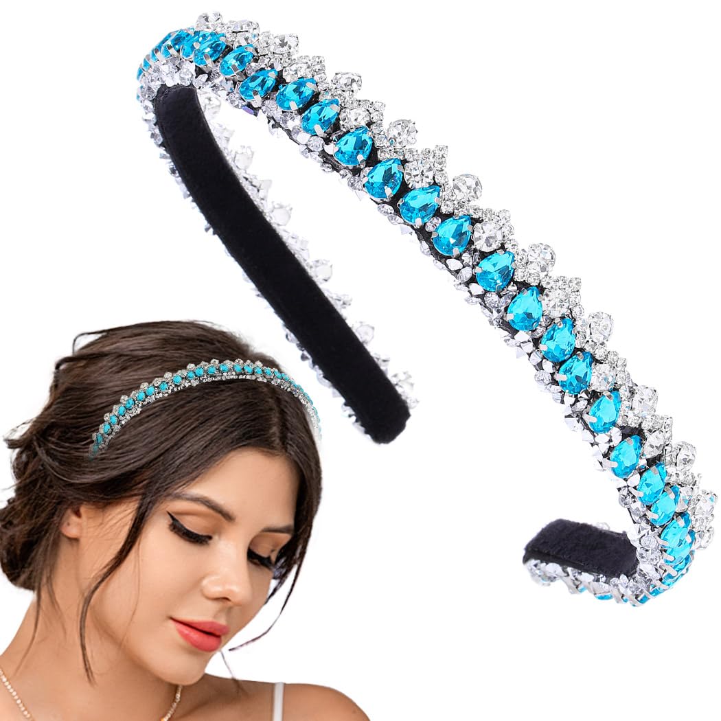 Flayem Rhinestone Headband Sparkly Blue Crystal Headband Narrow Hair band Gorgeous Vintage Party Banquet Hair Hoop Accessories for Women and Girls (Blue A)