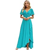 YHKDFGNZ Short Sleeve Bridesmaid Dresses Long Ruffles Chiffon V Neck Formal Wedding Guest Dress with Slit