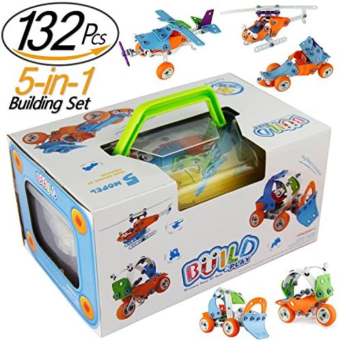 JIETENGFEI Building Toys Stacking Blocks Cars Airplane DIY Kits to Build 5-in-1 STEM Toys Creative Stacking 132Pcs Education Construction Engineering Gifts for Kids Boys and Girls Toys