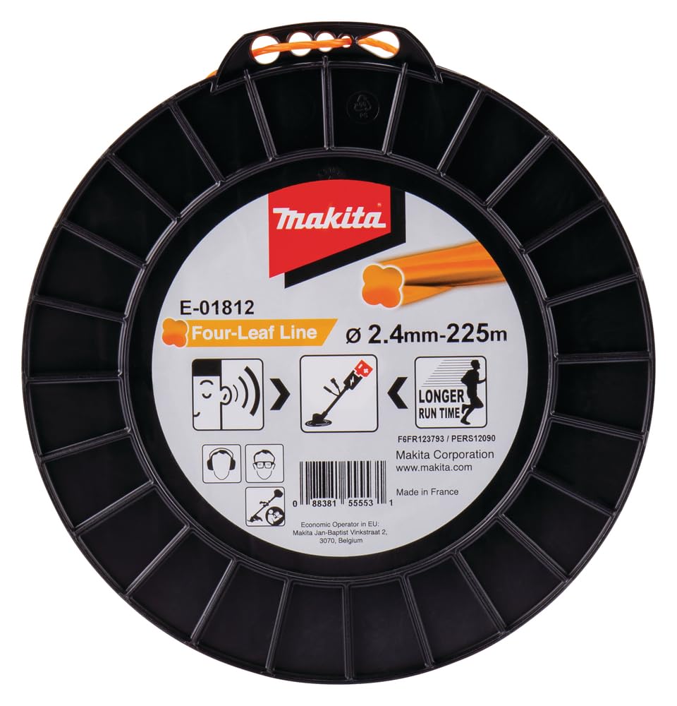 Makita E-01812 Four-Leaf 2.4 mm x 225 m Trimmer Line Nylon Orange Noise Reducing Increased Running Time Especially for Cordless Grass Trimmers and Cordless Brush Cutters