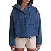 PINSV Women’s Denim Hoodie Jacket Lightweight Button Up Jean Pullover with Drawstring Hood Casual Long Sleeve Sweatshirt