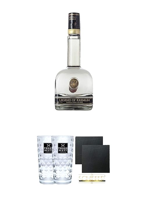 Legend Of Kremlin Wodka 0,5 (halbe) Liter + Three Sixty Vodka Gläser 2 Stück + Schiefer Glasuntersetzer eckig ca. 9,5 cm Ø 2 Stück