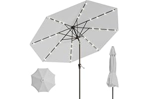 Patio Kingdom 10FT Solar Umbrella 32 LED Lighted Patio Umbrella Table Market Umbrella w/Tilt and Crank, UV-Resistant Outdoor Umbrella for Pool, Garden, Deck, Light Gray