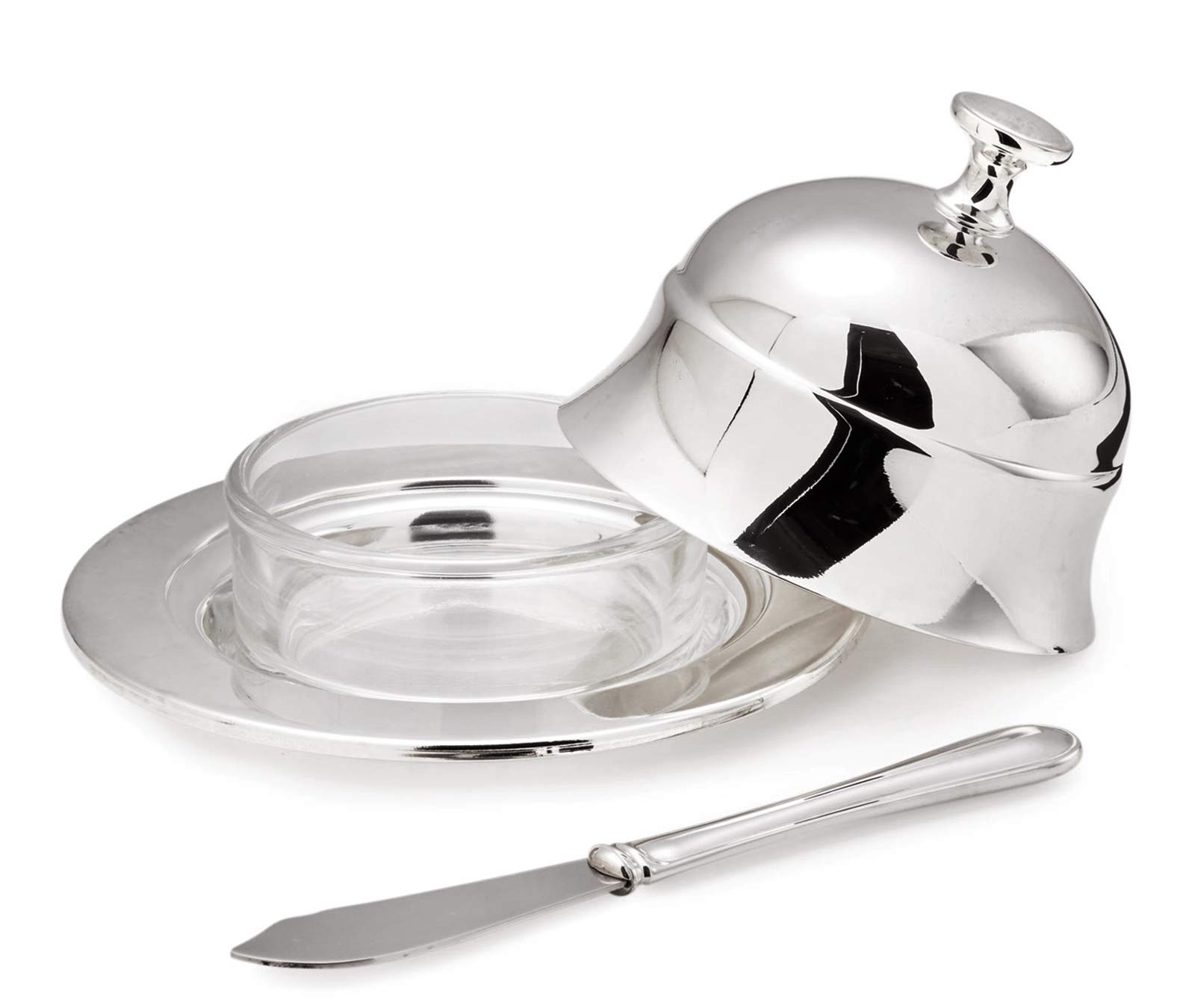 EDZARD Butter Dish Epe Diameter 4,3 in, Silver Plated, high Gloss Polished, Including Butter Spreader 7,1 in Long