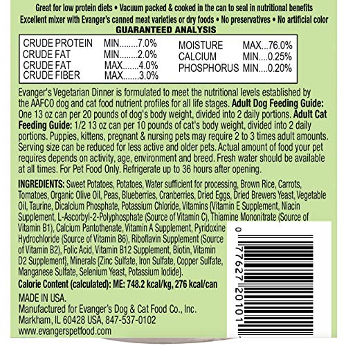 EVANGER’S COMPLEMENTS VEGETARIAN DINNER – 12 COUNT, 12.5 OZ EACH – GRAIN-FREE PLANT-BASED FOOD FOR DOGS & CATS – BALANCED MIXING BASE WITH VEGETABLES & FRUITS