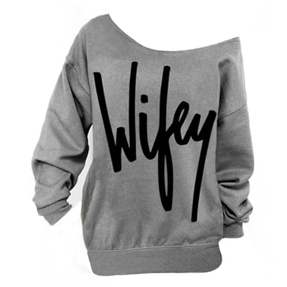 AJ FASHION Women's Wifey Shirt Letter Print Off the Shoulder Slouchy Pullovers, Grey, XX-Large