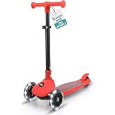 SereneLife 3 Wheel Scooter for Toddlers and Kids &ndash; Foldable Kid Scooter with LED Wheels, Adjustable Handlebar, Rear Brake, Anti-Slip Deck, Kids 3 Wheel Scooter for Ages 3-7, Up to 110 lbs, Red